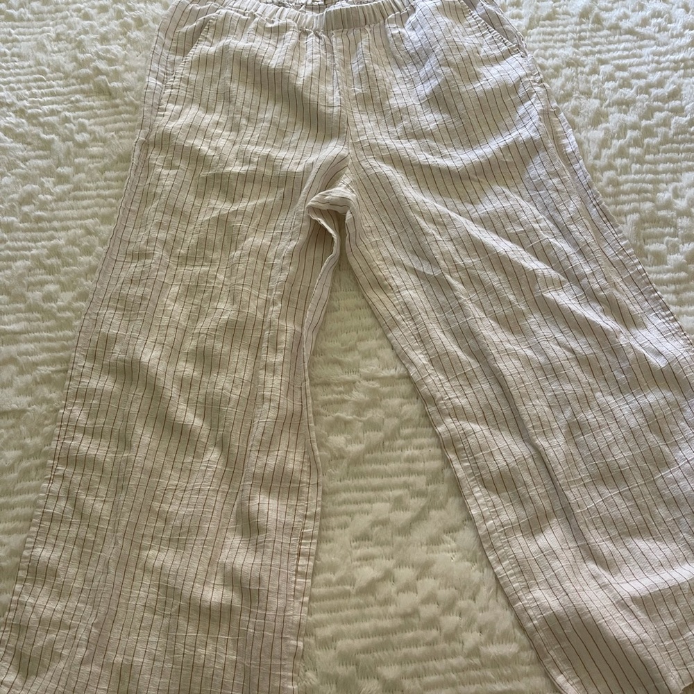 Eileen fisher linen pull on white and tan stripped crop pant size medium